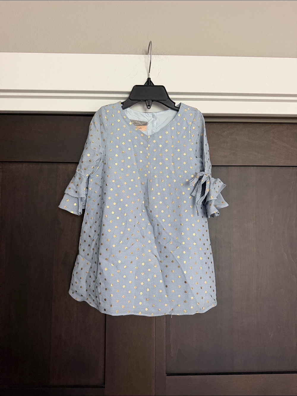 Pippa & Julie Blue Dress with Gold Polka Dots Ruffle Tie Sleeves size 24 months